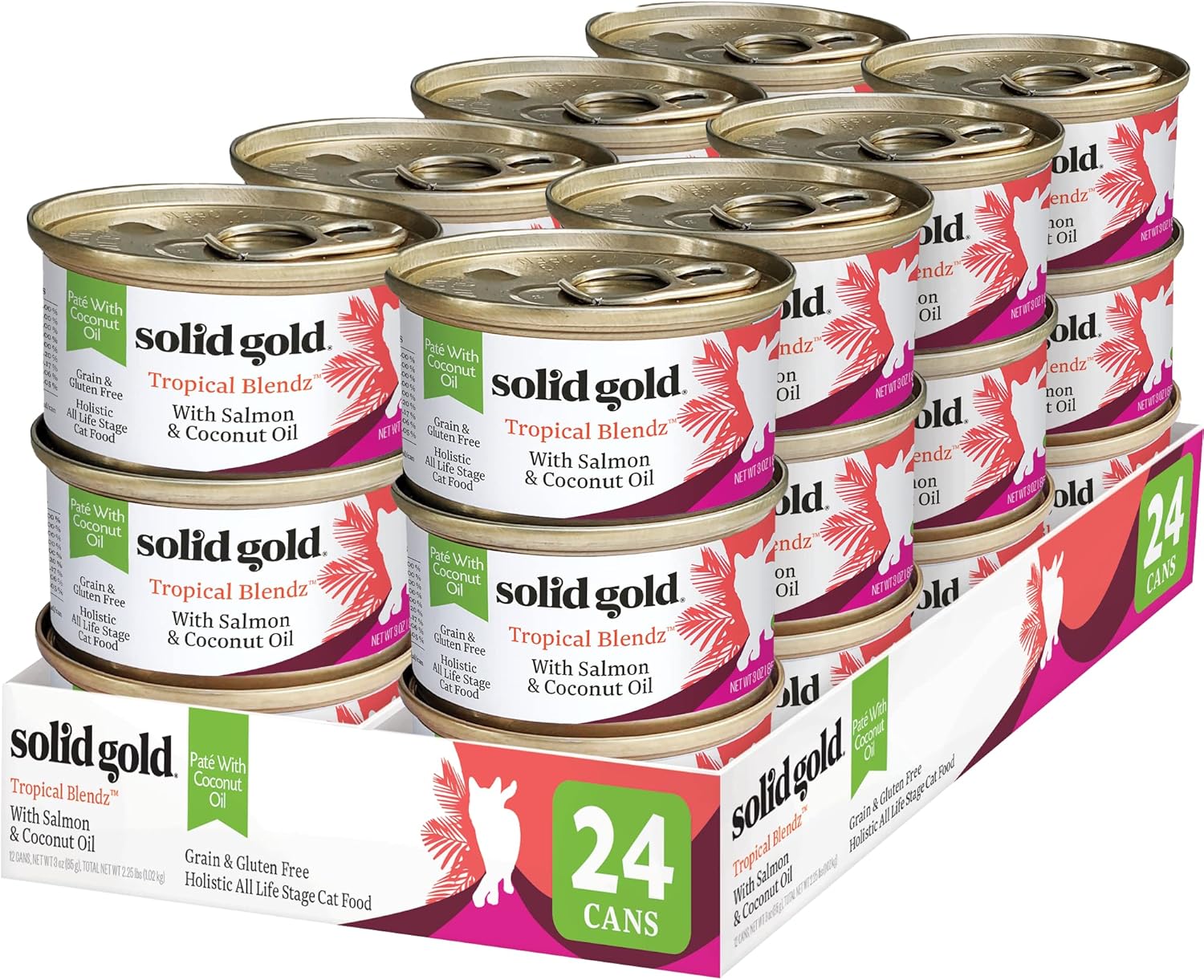 Solid Gold Wet Cat Food Pate in Coconut Oil - Healthy Canned Cat Food Pate w/Real Salmon, Omega Fatty Acids, Vitamins & Minerals - Grain Free & Gluten Free Canned Meals for Cats & Kittens - 24ct/3oz