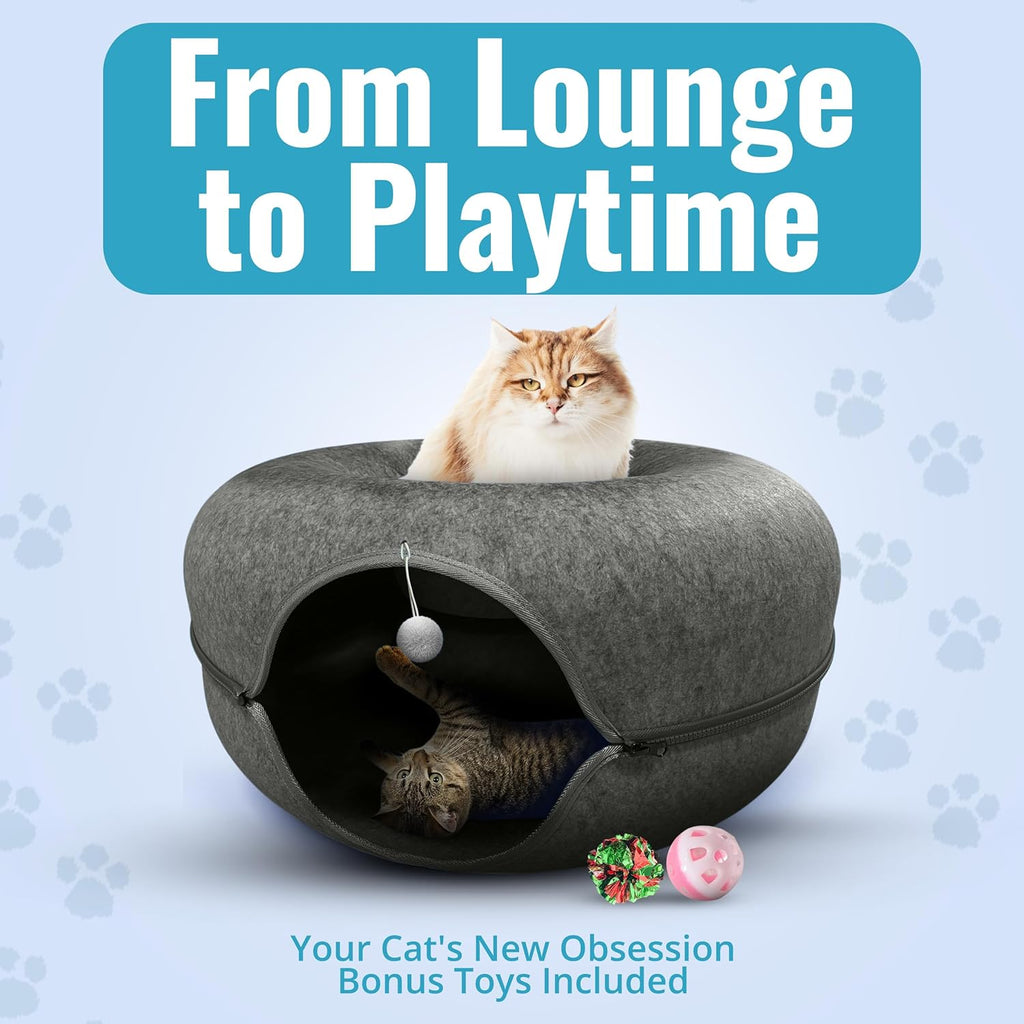 Okoco Cat Tunnel Bed for Indoor Cats Large, 24" Peekaboo Cat Cave Donut Bed for Pets up to 45lbs, 2-in-1 Round Tube with Hanging Ball Toy & Removable Machine Washable Parts (Dark Gray)
