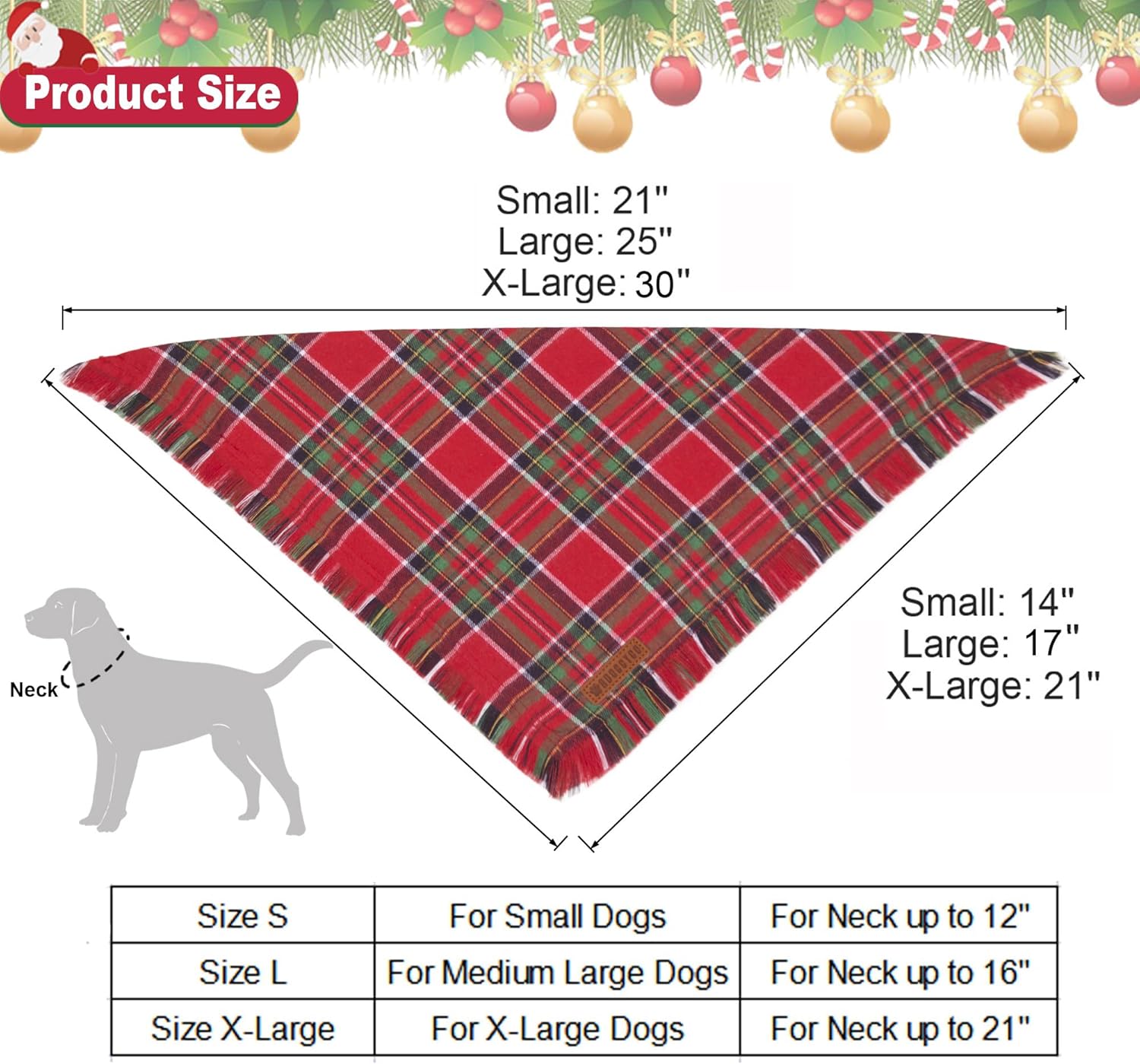 ADOGGYGO Christmas Dog Bandanas with Tassels Edges, Stylish Plaid Dog Christmas Scarf Bib, Multiple Sizes Offered, Plaid Bandanas for Large and Extra Large Dogs (X-Large)