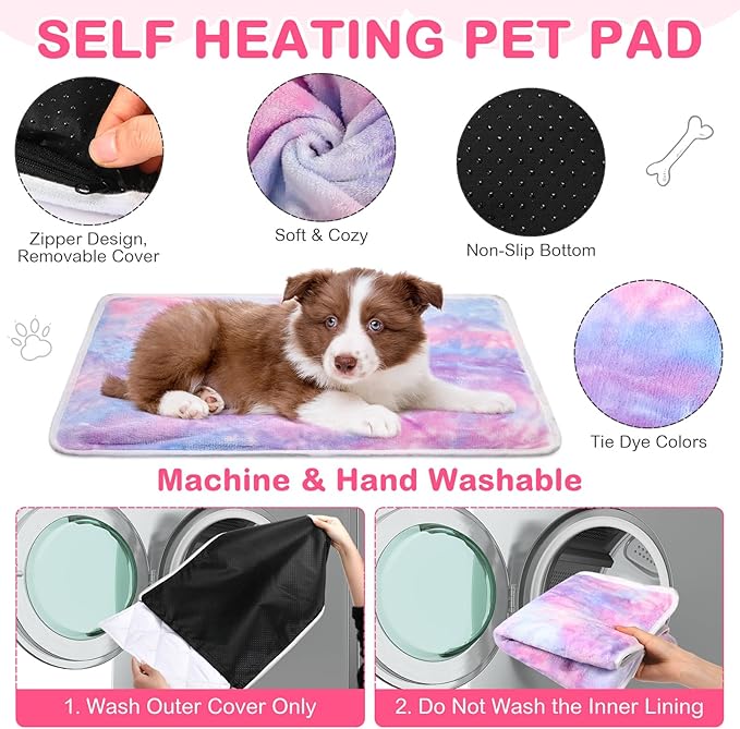 4 Pack Self Heating Cat Bed Cat Self Warming Pad with Removable Cover Extra Warm Thermal Pet Pad Washable Pet Crate Mat Anti Slip Kennel for Indoor Outdoor Pets(Tie Dye,20 x 28 Inches)