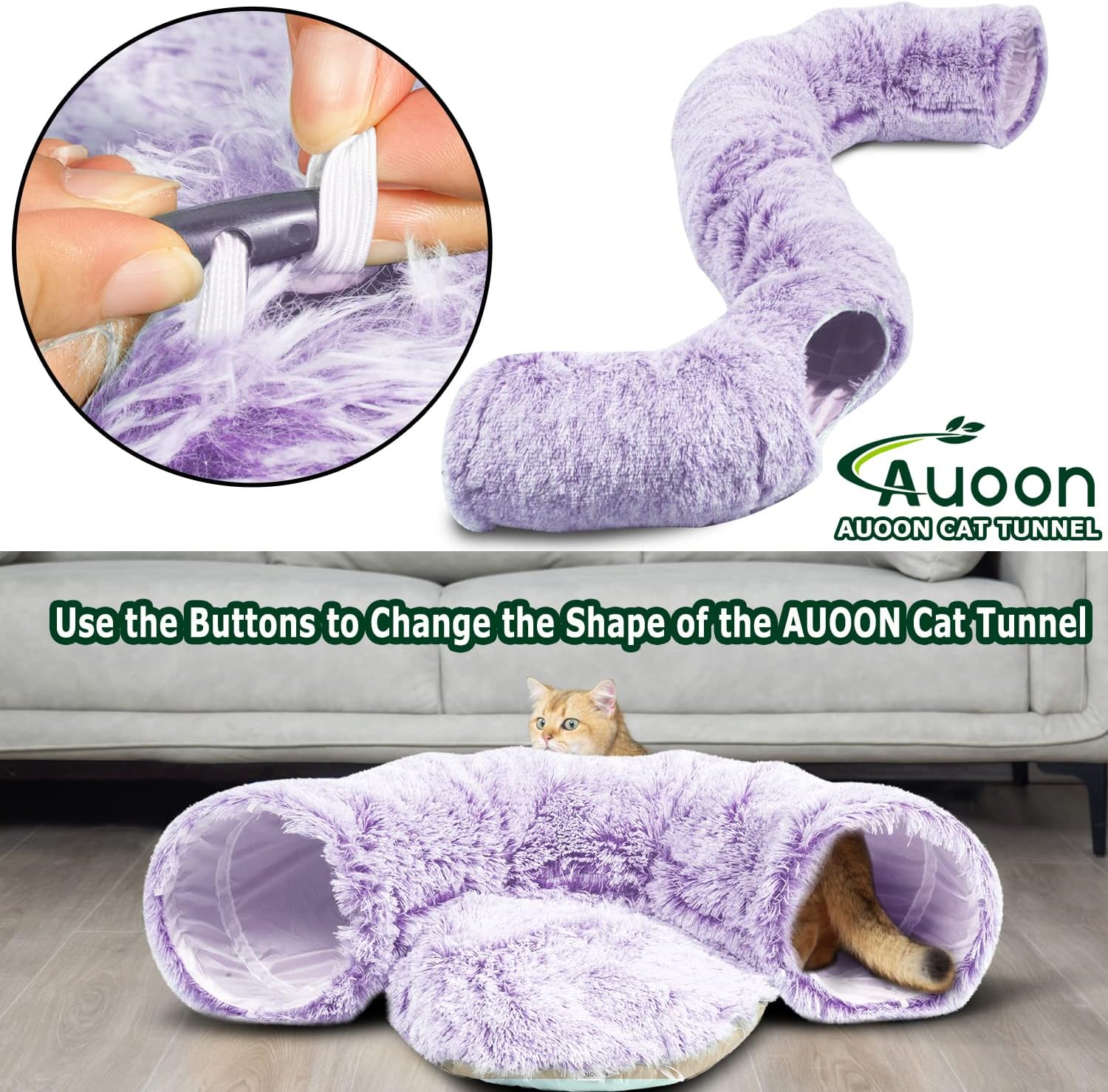AUOON Cat Tunnel Bed for Indoor Cats - Circle Peekaboo Cat Cave with Washable Mat for Indoor Cats Kitten Kitty Puppy Rabbit Ferret (Purple)