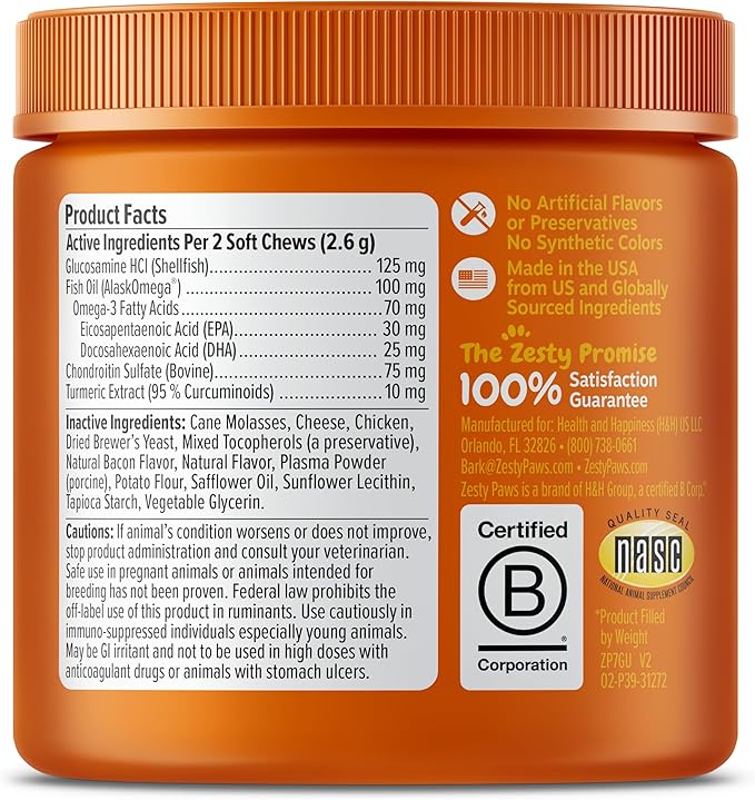 Zesty Paws Hip & Joint Bites for Cats - Glucosamine for Cats - with Chondroitin, Turmeric - Cat Joint Supplement for Hip & Joints - AlaskOmega Fish Oil with Omega-3 Fatty Acids - 60 Count
