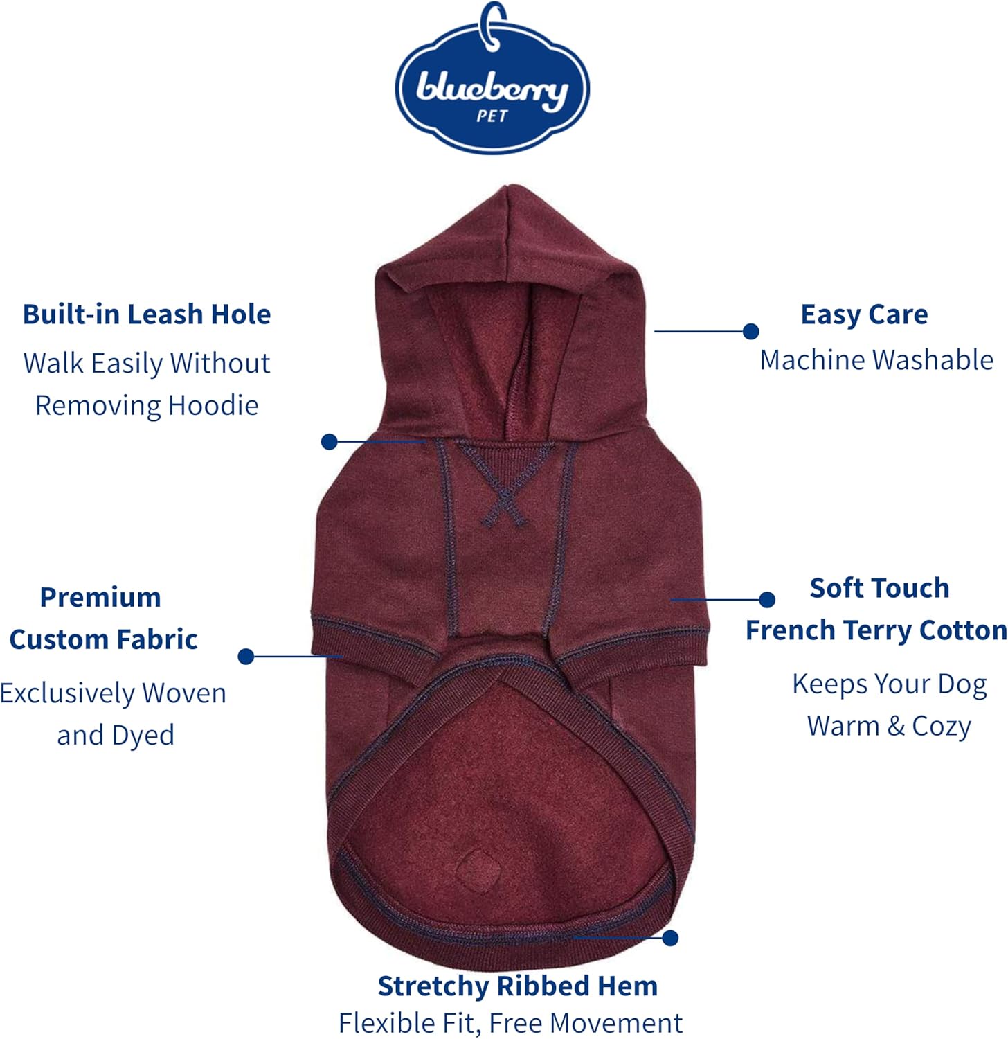 Blueberry Pet Essentials Dog Hoodie – 18 inch, Cotton‑Blend Sweatshirt with Hood, Burgundy Red, Machine‑Washable Small‑Dog Jersey