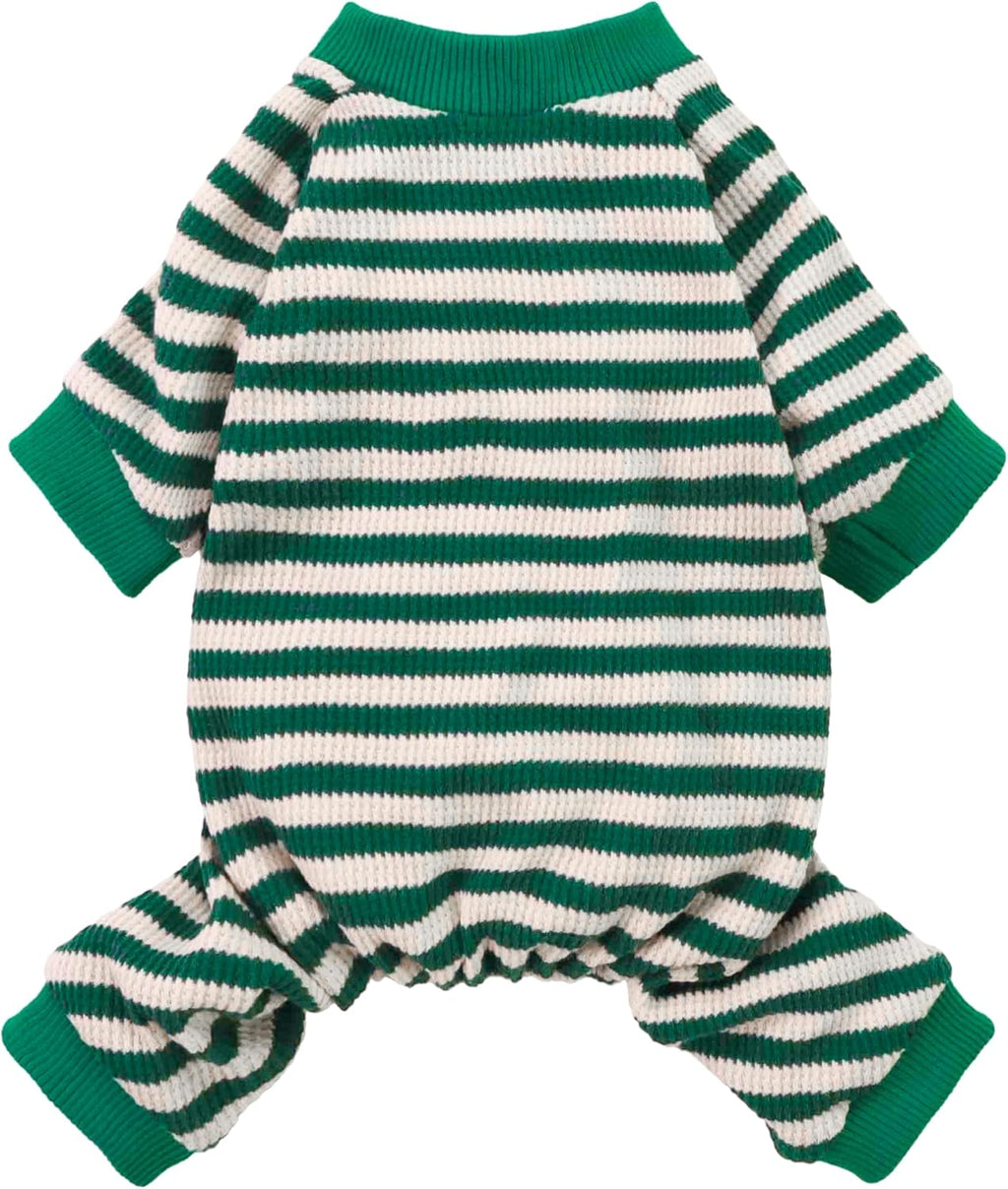 Fitwarm Green and White Striped Dog Pajamas, Waffle Dog Clothes for Small Dogs Girl Boy, Puppy Onesie with Feet, Pet Cat Outfit, Large