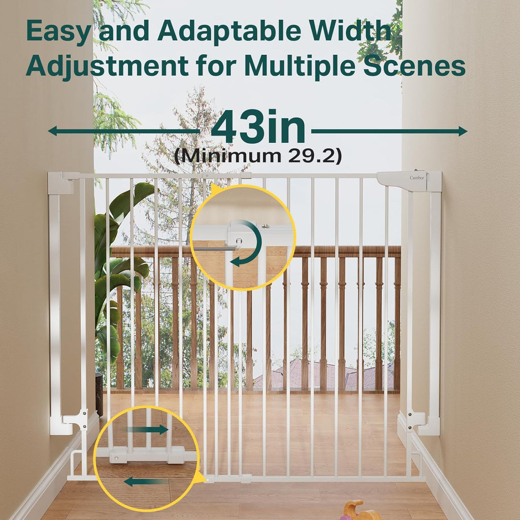 Cumbor 34" Extra Tall No Bottom Bar Baby Gate for Stairs, Auto Close Dog Gate Indoor for Larger Pets, 29.2-43" Hardware Mounted Safety Gate for Doorways, Wide Walk Thru Door for Easy Access (White)