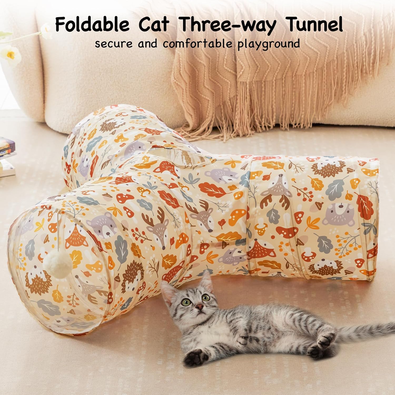 Tempcore Pet Cat Tunnel Tube Cat Toys 3 Way Collapsible, Cat Tunnels for Indoor Cats，Kitty Tunnel Bored Pet Toys Peek Hole Toy Ball Puppy, Kitty, Kitten, Rabbit Beige Deer