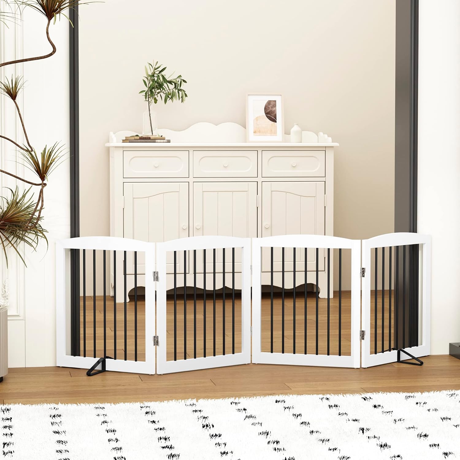 Freestanding Pet Gate for Dogs, Foldable Wooden Dog Gate for House, Indoor Dog Gate for Stair, Doorway, Gates for Dogs Indoor, 80 Inch Wide, 4 Panels 24",White