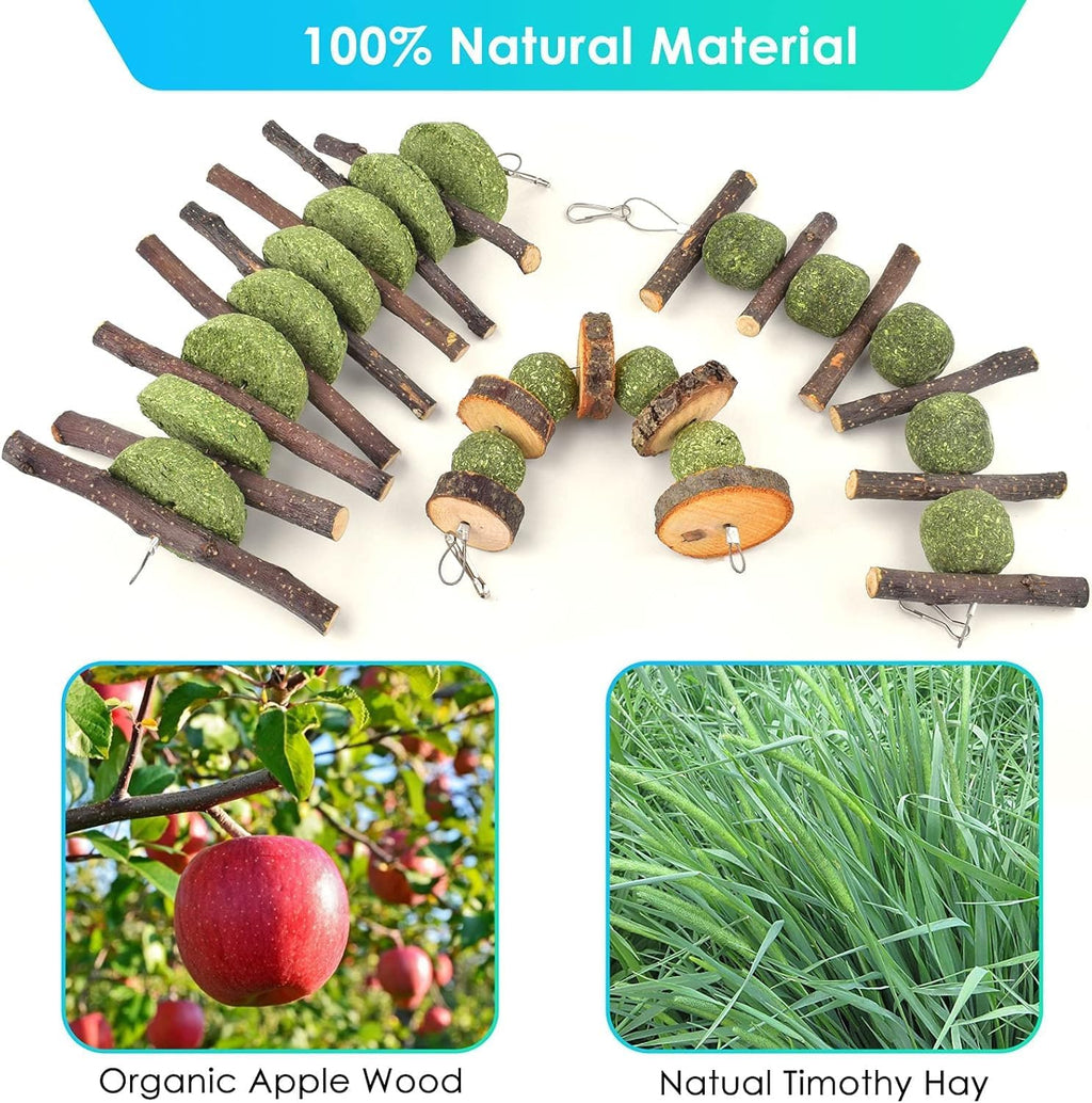 ERKOON Bunny Chew Toys, Rabbit Chew Toys for Teeth Grinding, Improve Dental Health, 100% Natural Apple Wood Timothy Grass Cake Treats for Rabbits Guinea Pigs Chinchillas Bunnies Hamsters (7 Pcs)