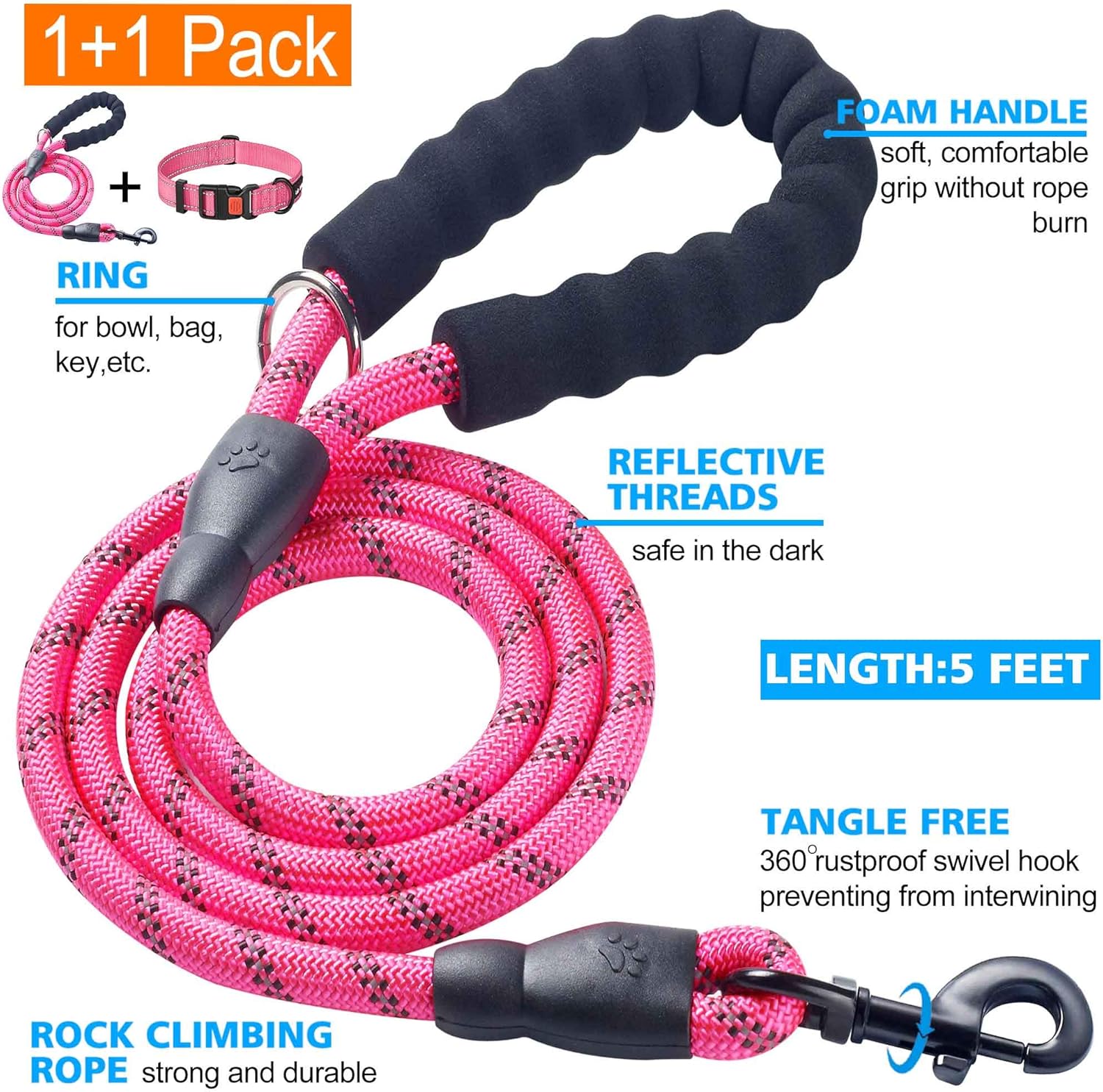 Heavy Duty Dog Leash - Comfortable Padded Handle, 5 ft Long - Dog Leashes for Small Medium Large Dogs (Leash+Collar M Neck 16"-20", Pink)
