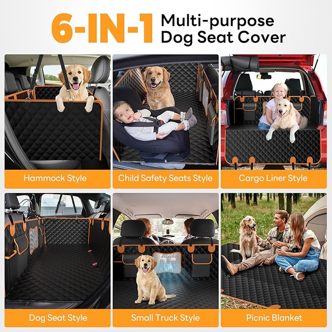 Back Seat Extender for Dogs,Hard Bottom,Waterproof Dog Car Seat Cover for Back Seat Holds 450 lbs - Detachable, Scratch-Proof and Anti-Slip Dog Hammock for Cars, SUVs and Trucks, Bk+ORG