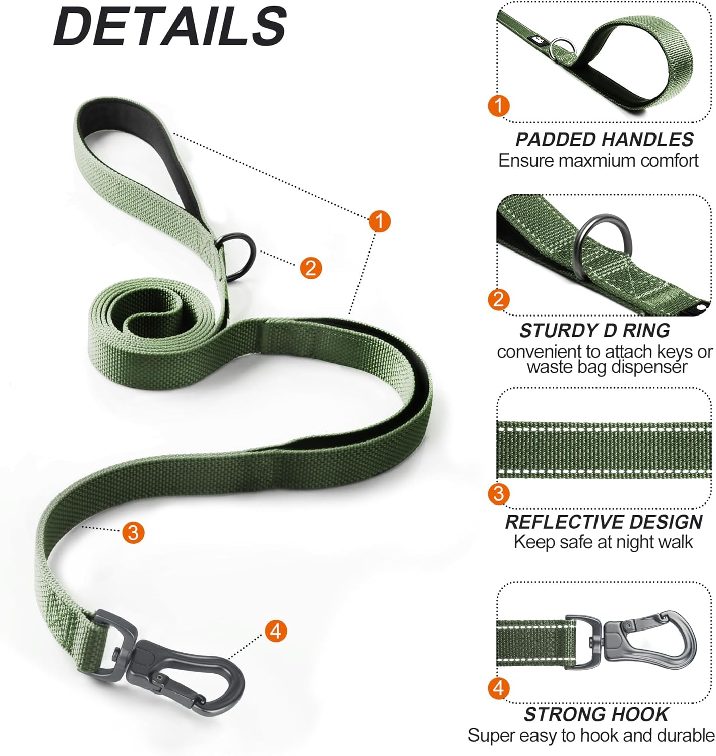 TwoEar 6FT 1IN Strong Green Dog Leash with 2 Padded Handles, Traffic Handle Extra Control, Comfortable Soft Dual Handle, Auto Lock Hook, Reflective Walking Lead for Small Medium and Large Dogs