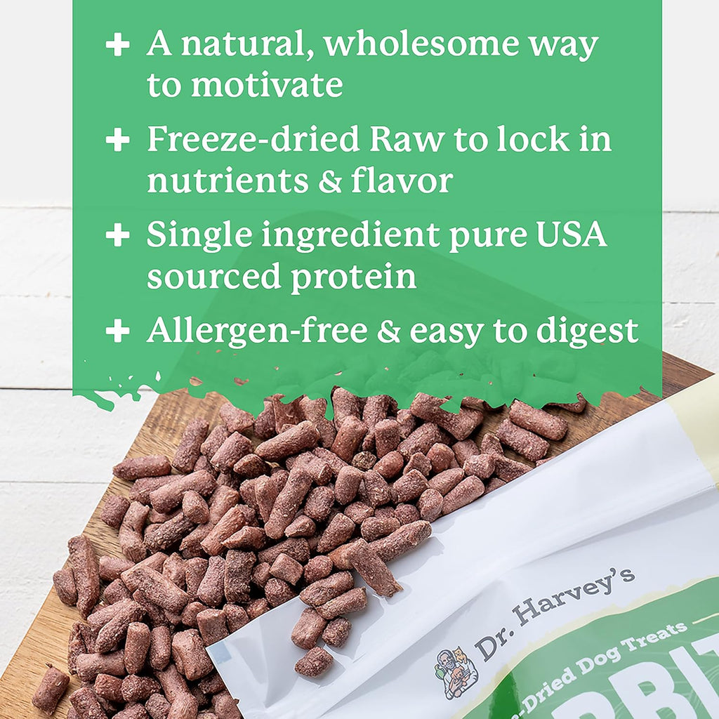 Dr. Harvey's Rabbit Bites Freeze-Dried Raw Dog Treats - Single Ingredient, All-Natural Rabbit Meat Protein for Dogs, Allergen-Free - 7 Ounces (3 Pack)