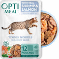 Optimeal Grain-Free Wet Cat Food Pouches – Shrimp & Salmon in Savory Gravy, High Protein & Moisture-Rich Tender Morsels, Indoor Adult Cat Wet Food with Natural European Ingredients, 3 oz (Pack of 12)
