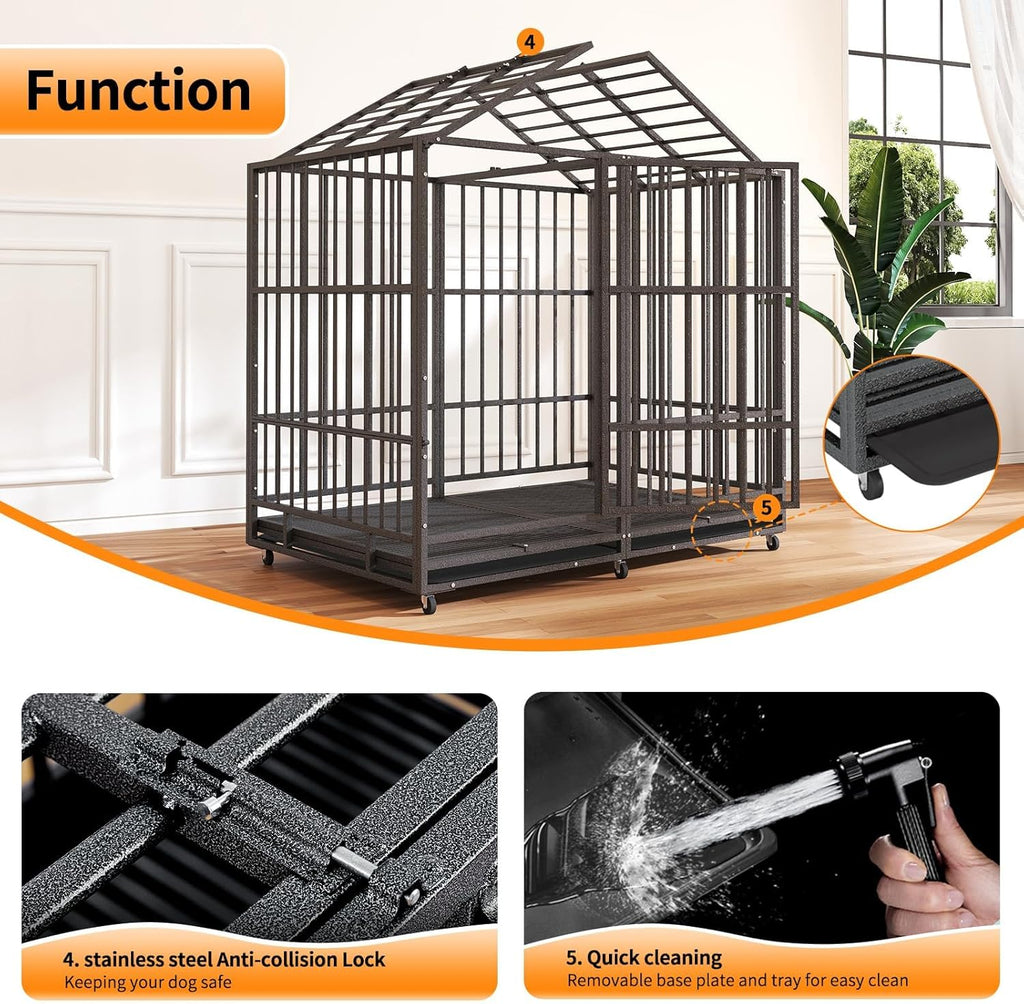 54 in Heavy Duty Indestructible Dog Crate Steel Escape Proof, High Anxiety Cage with Wheels, Removable Tray, Extra Large Dog Kennel XL XXL
