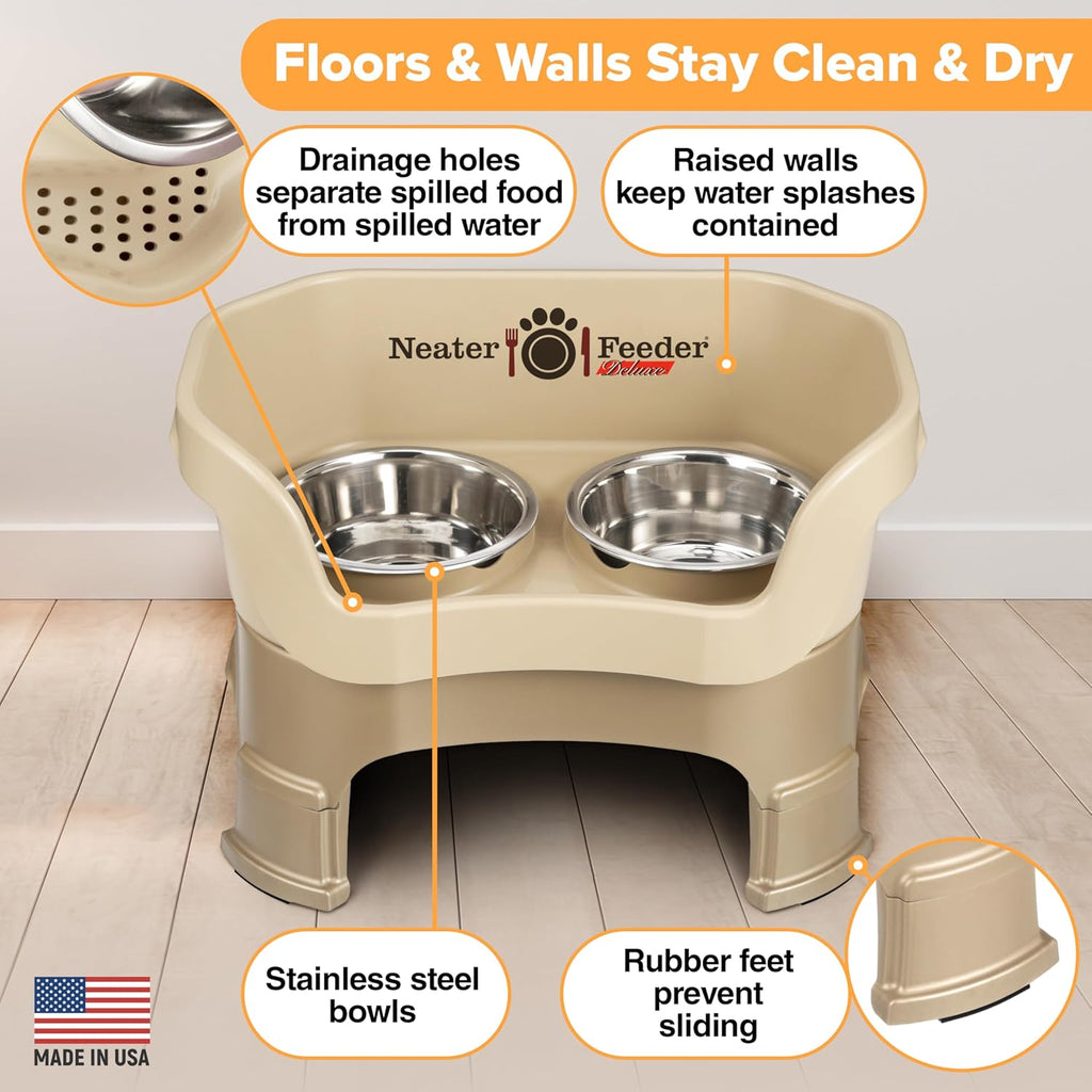 Neater Feeder Deluxe Mess Proof Dog Bowls Elevated Medium Sized Dogs (19-40 lbs) Made in USA, No Spill Raised Dog Food Bowl Stand w/Leg Extension, Stainless Steel Food and Water Bowl Set, Cappuccino