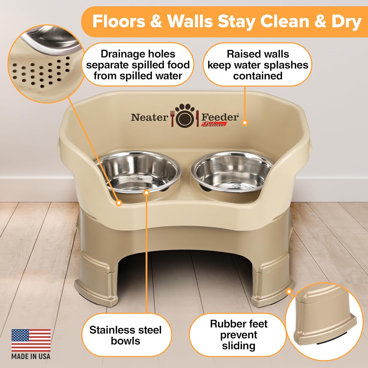 Neater Feeder Deluxe Mess Proof Dog Bowls Elevated Medium Sized Dogs (19-40 lbs) Made in USA, No Spill Raised Dog Food Bowl Stand w/Leg Extension, Stainless Steel Food and Water Bowl Set, Cappuccino