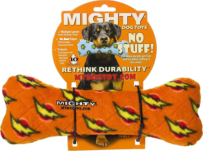 MIGHTY- NO Stuff Bone– Squeaky Plastic Core. 2-in-1 Toy. Made Durable, Strong & Tough. Interactive Play Dog Toy (Tug, Toss & Fetch). It Floats. (Orange, Large 2 Pack)