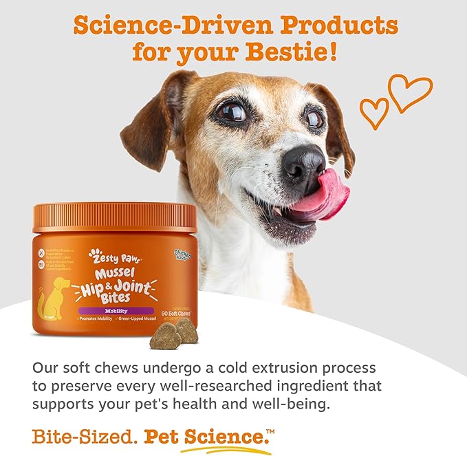 Zesty Paws Mussel Mobility Bites for Dogs - New Zealand Green Lipped Mussel with Natural Glucosamine & Chondroitin + Omega-3 Fatty Acids - Hip & Joint Support Supplement Soft Chews – 90 Count