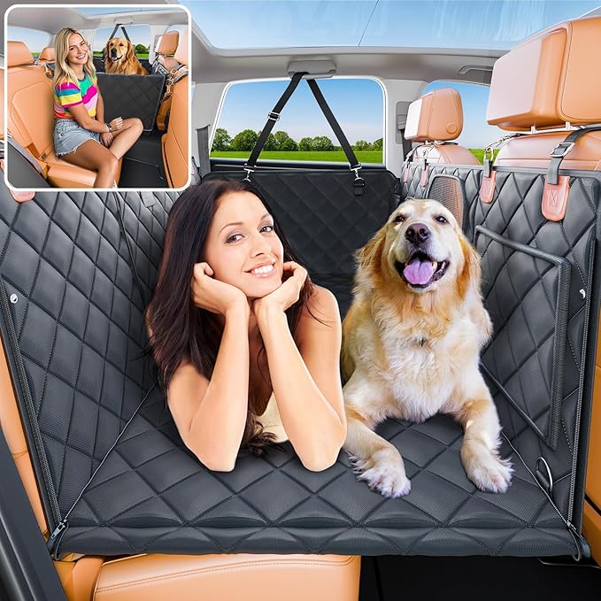 Convertible Back Seat Extender for Dogs, Foldable 400lb Hard Bottom Dog Car Seat Cover for Back Seat, Waterproof Dog Hammock Bed Backseat Cover for Dogs in Car SUV Truck Pet Seat Cover Black XL