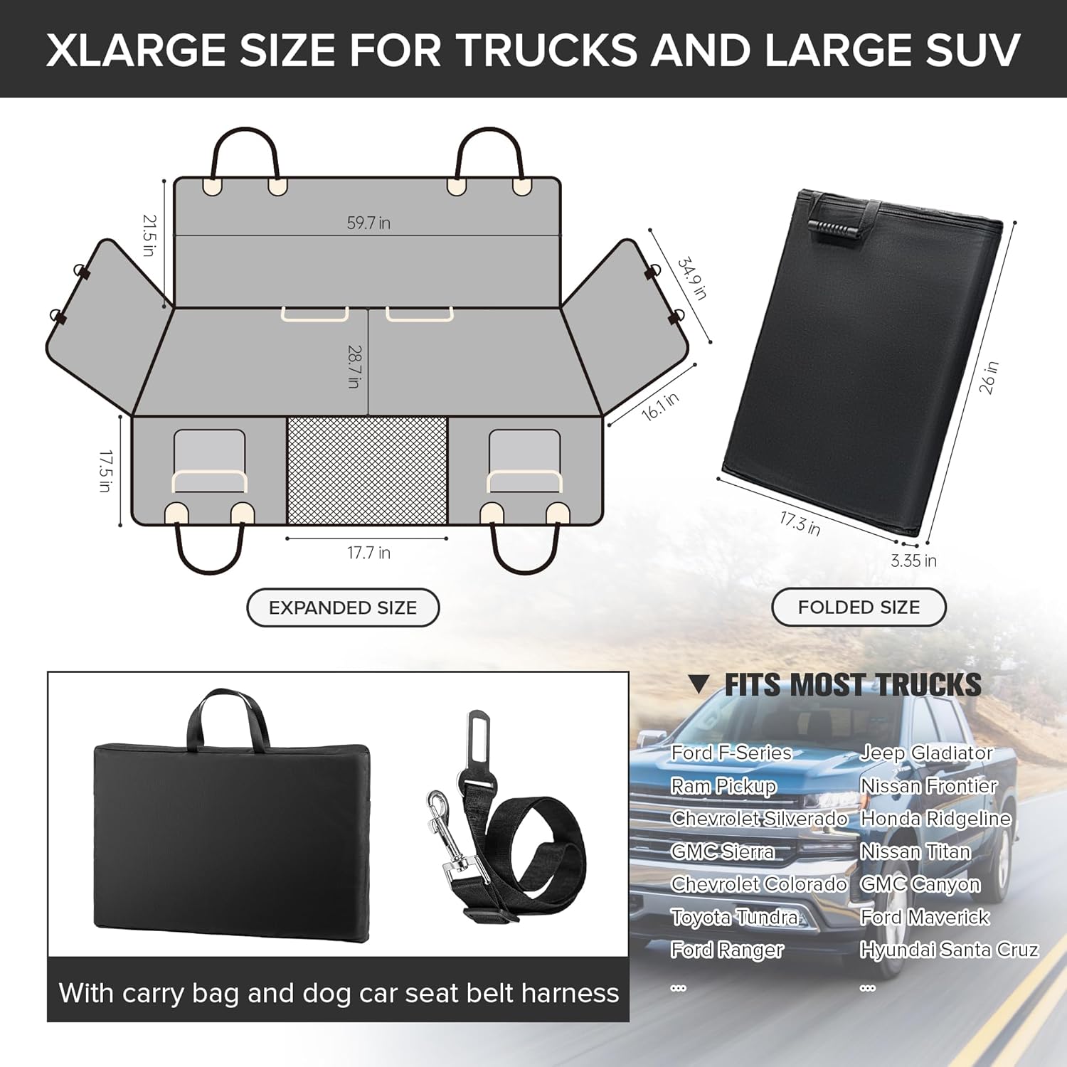 SHARLOVY XL Truck Back Seat Extender for Dogs, Large Hard Bottom Dog Car Seat Cover for Back Seat, Heavy Duty Dog Car Hammock, Waterproof Pet Seat Covers for Trucks, F150, Ram1500 and Large SUV