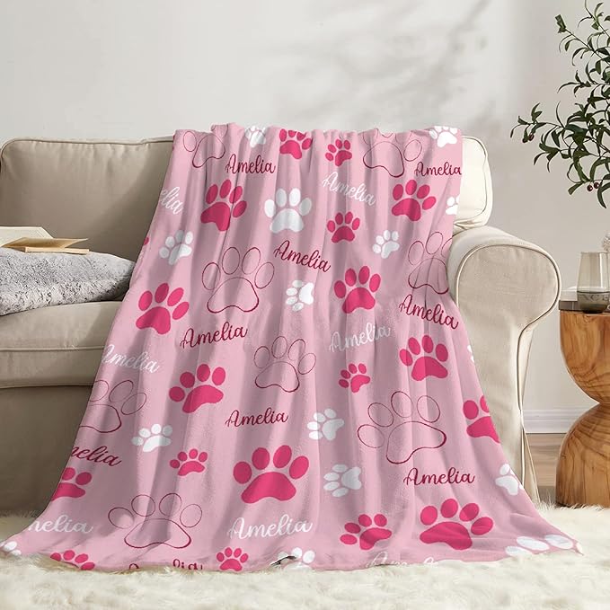Personalized Dog Blankets Dog Paw Print Blanket Puppy Blanket - Custom Dog Blanket with Pets Name Cute Paw Print Pet Throw Puppy Fluffy Blankets XS 30"x40" for Pet