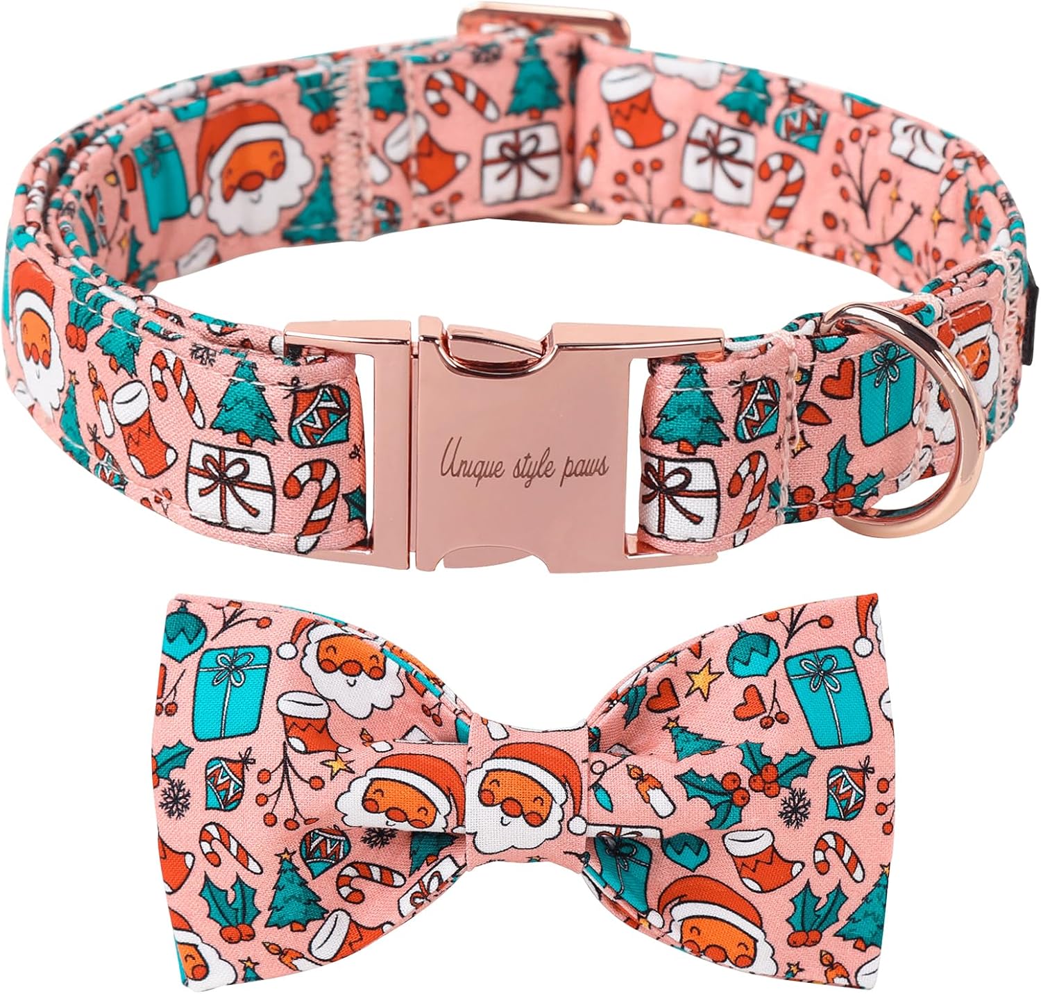 Unique Style Paws Christmas Day Dog Collar with Bow Pink Christmas Man Cotton Puppy Collars for Small Medium Large Dogs