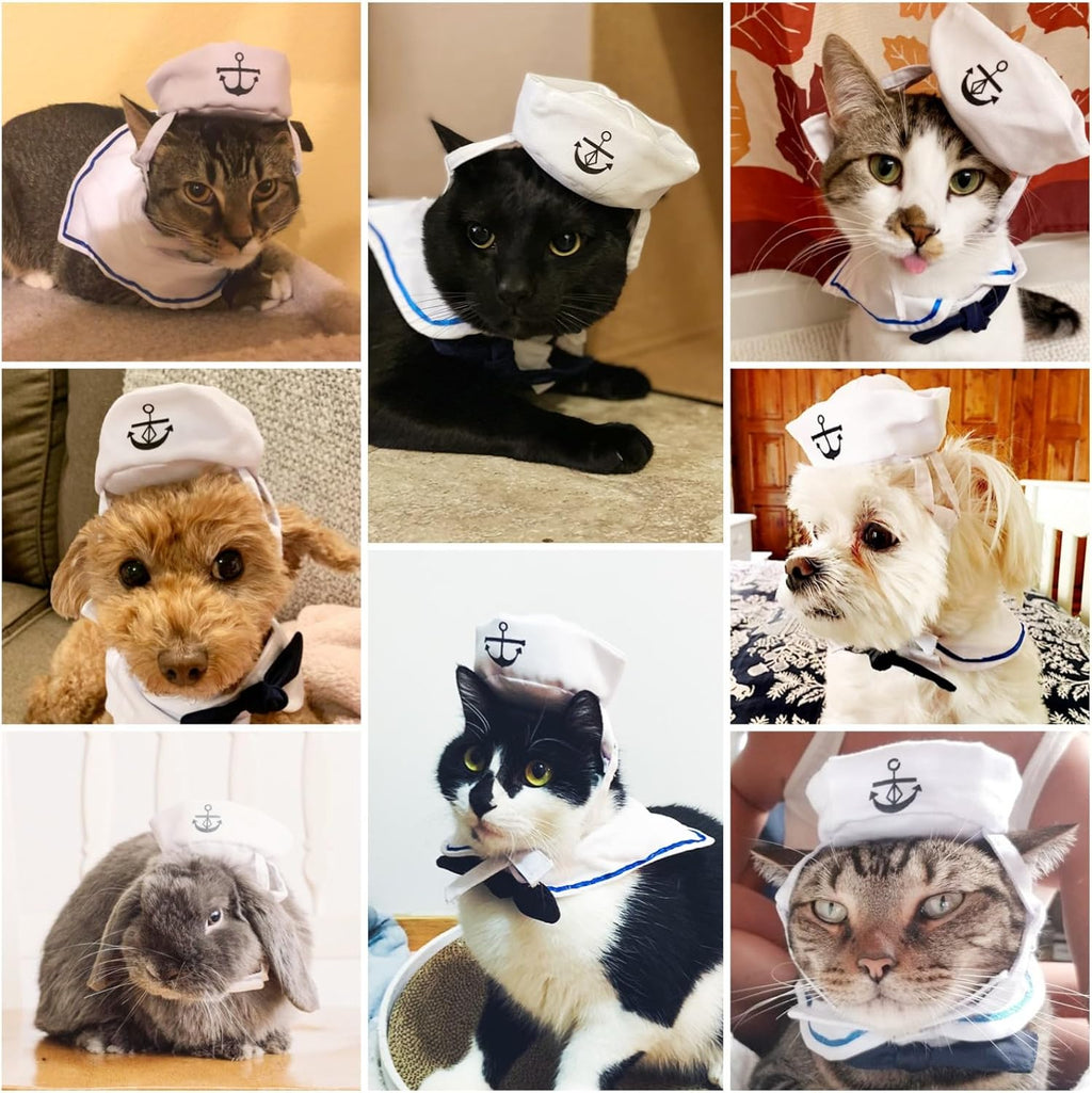 Enjoying Cat Sailor Costume, Halloween Small Dog Sailor Hat Outfit with Tie, Adjustable Pet Navy Costume for Cats Doggies Rabbits Cosplay