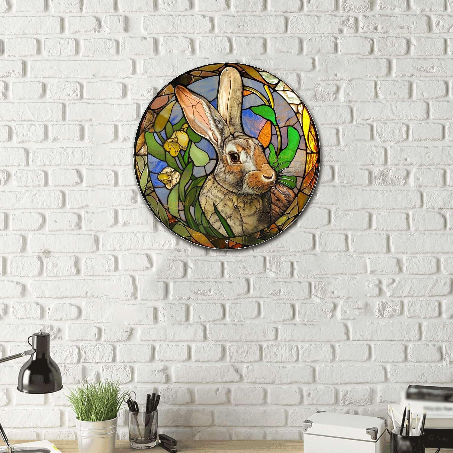 Lygond Metal Sign Tin Sign Circular Stained Glass Rabbit Restroom Tin Sign for Garden 8×8 Inches