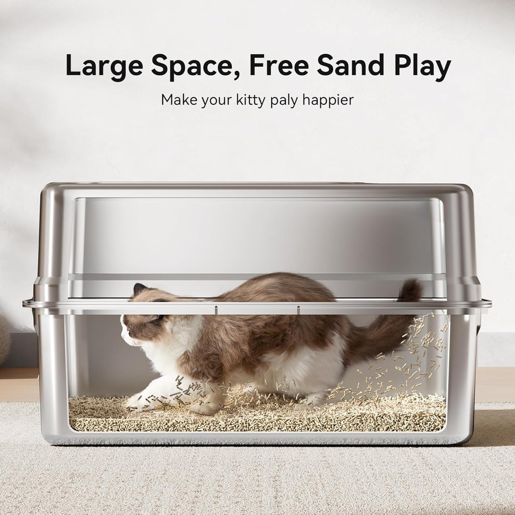 All-Metal 28" Extra Large Stainless Steel Cat Litter Boxes with Lid Metal Cat Litterbox Pan for Big Cats and Multiple Cats, Anti-Leakage, Easy Cleaning, Include Scoop