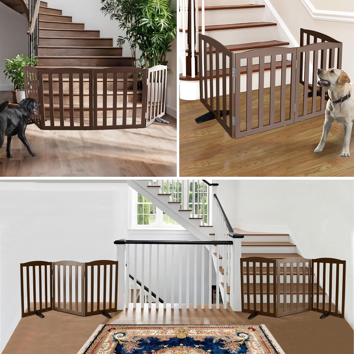 ZJSF Foldable Freestanding Indoor Dog Gate for House Wood Long Pet Gates Dog Fence for Stairs Puppy Gates for Hallways, Puppy Gate,Support Feet Included, Brown, 32 "Height-6 Panels