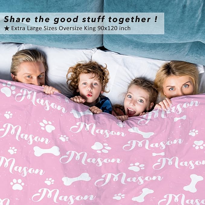 Personalized Dog Blanket with Paw Print - Custom Pet Throw w/ Name, Fluffy - L 80"x60" for Adult/Gift