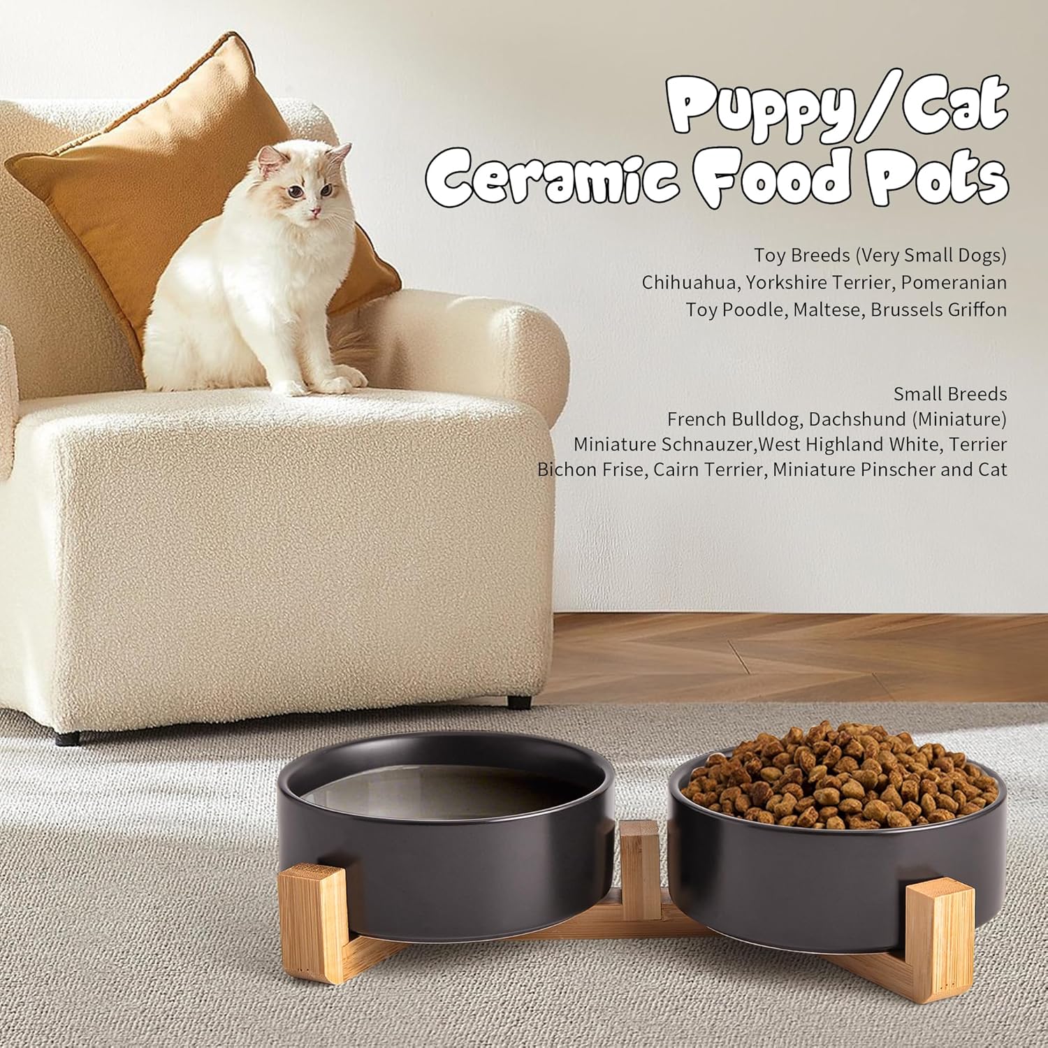 Black Ceramic Dog & Cat Bowl Set – 13.5 OZ with Wooden Stand, Non-Slip, Elevated Design for Small Dogs & Cats – 2 Bowls (Food & Water, Ceramic Pet Bowls, Modern Dog Bowls)