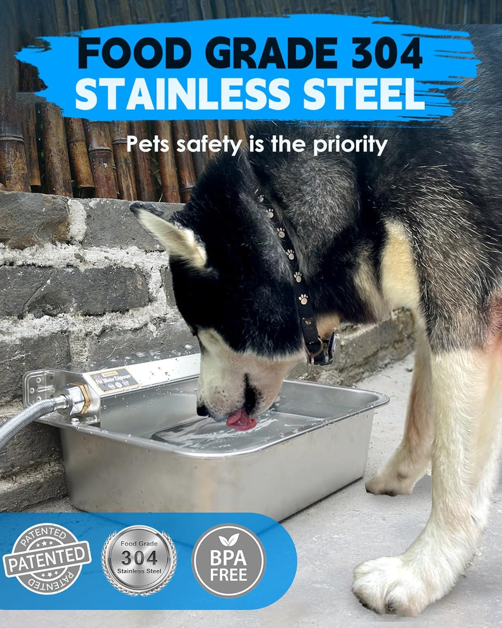 Automatic Dog Water Dispenser, 2 Gallons 304 Stainless Steel Dog Water Bowl for Indoor/Outdoor, Large Water Bowl for Pets & Livestock, Anti Tip, Wide Mouth, Water Auto Fill, Fit GHT 3/4" Faucet