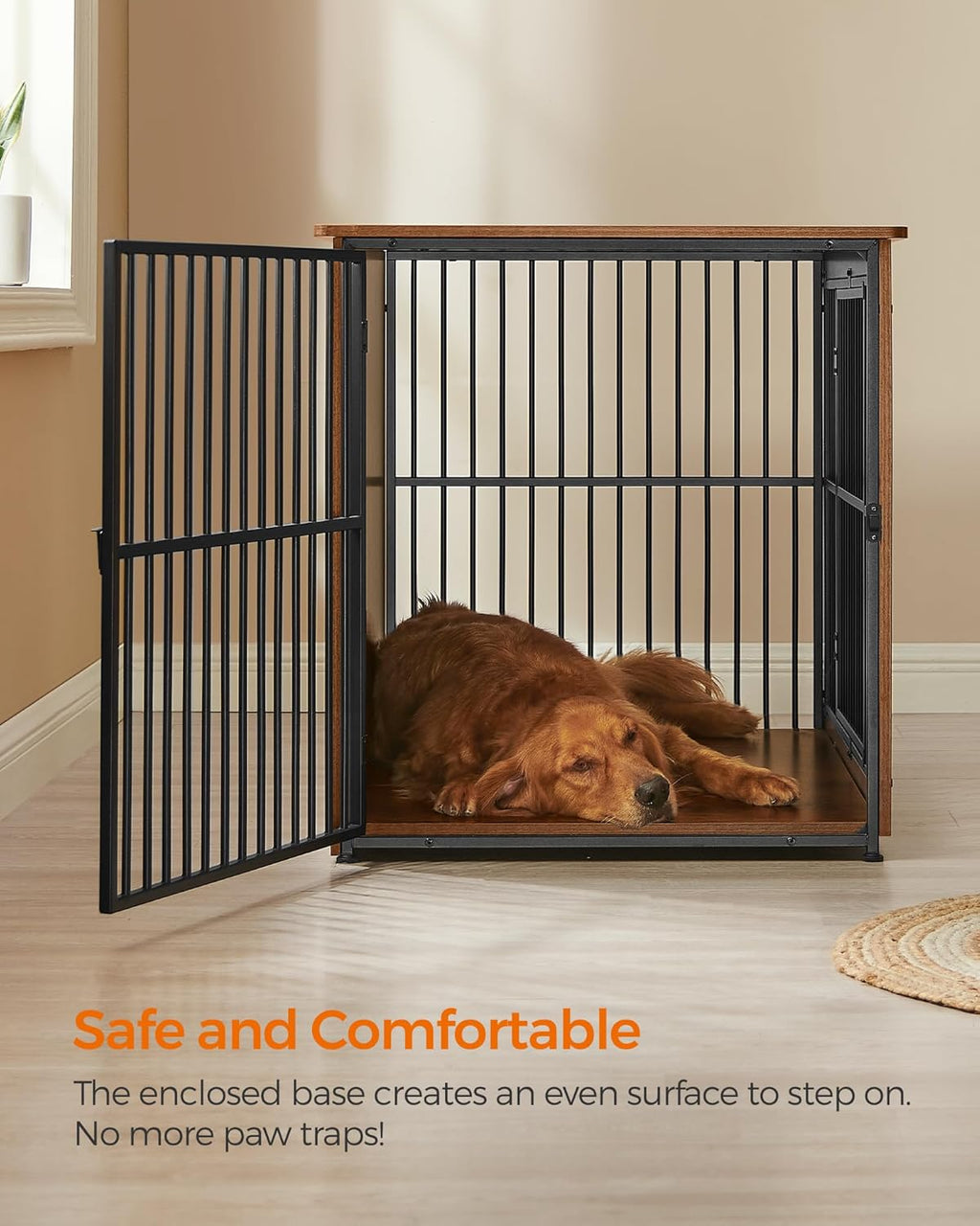 Feandrea Dog Crate Furniture, 43.3" Side End Table, Modern Kennel for Dogs Indoor up to 80 lb, Heavy-Duty Dog Cage with Enclosed Base, Double-Door Dog House, Rustic Brown UPFC024X01