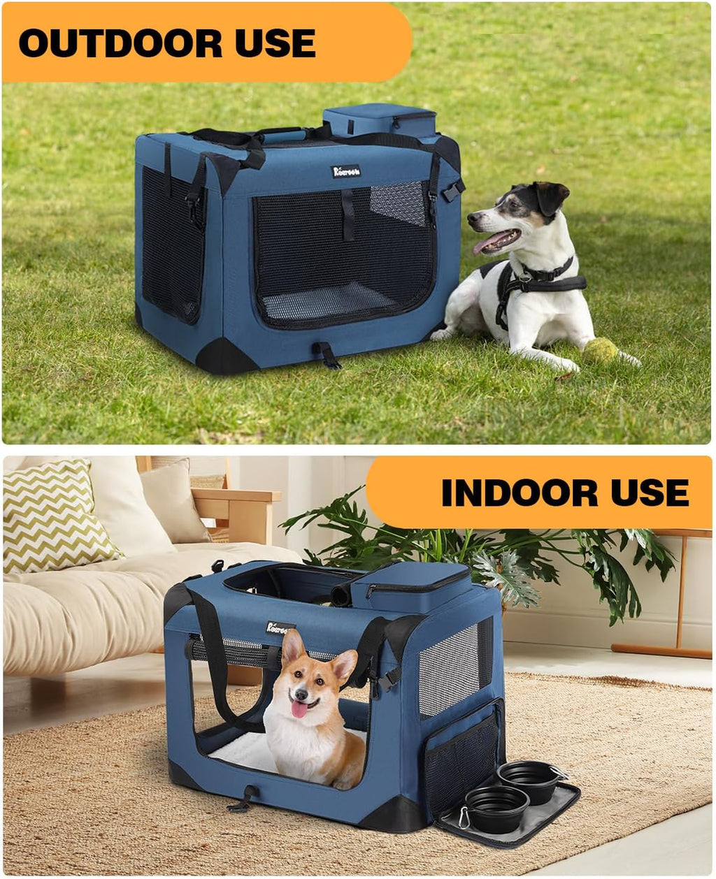 Extra Large Dog Crate with 2 Foldable Bowl, 40 Inch Collapsible Travel Dog Crate Kennel with Soft Blanket for Medium Dogs,Indoor & Outdoor (40" L x 27" W x 27" H, Navy)