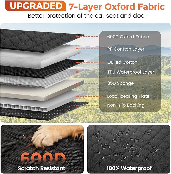 Back Seat Extender for Dogs - Hard Bottom,Waterproof Dog Car Seat Cover for Back Seat Holds 450 lbs - Detachable, Scratch-Proof and Anti-Slip Dog Hammock for Cars, SUVs and Trucks, Bk+ORG
