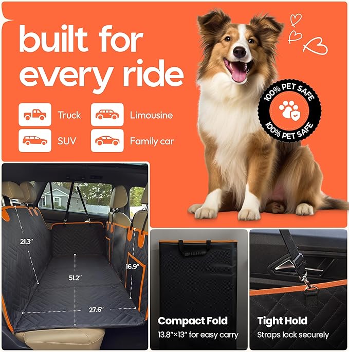 Burnt Orange Back Seat Extender for Dogs – Hard Bottom Dog Car Seat Cover, Waterproof & Non-Slip, Expands Back Seat Space, Mesh Window, Storage Pockets – Fits Cars, SUVs & Trucks