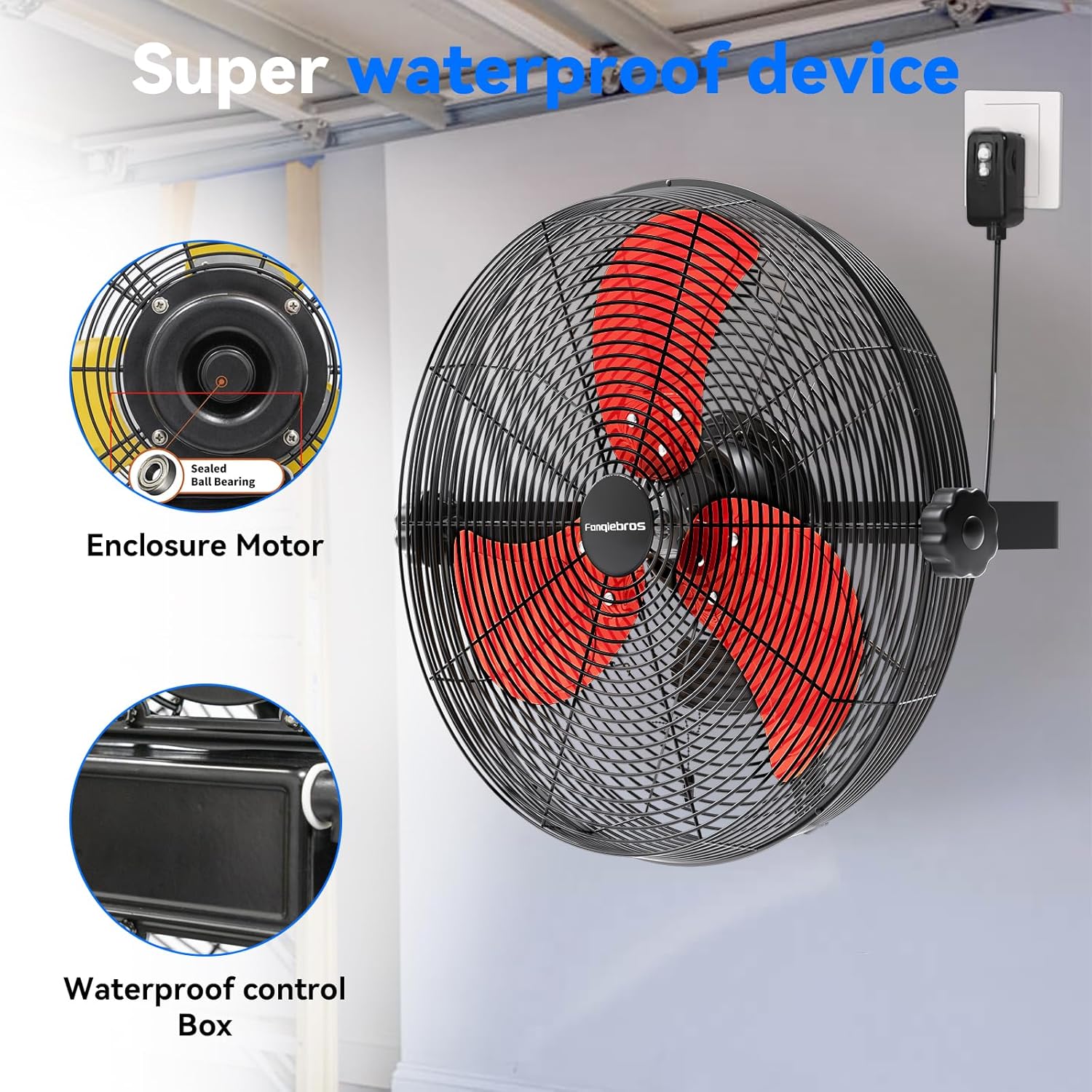 2600 CFM 14 inch Outdoor High Velocity Wall Mounted Fan, 3-Speed Metal Fans with IP44 Enclosure Motor, Industrial Grade Weatherproof Wall Fan for Patio, Greenhouse, Garage, and Gazebo