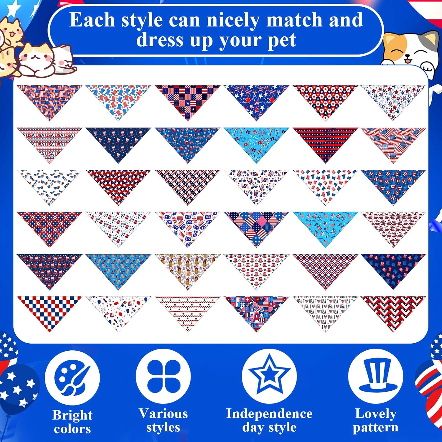 72 Pcs Veterans Day Dog Bandanas Bulk Patriotic Triangle Scarf Cat Puppy Bibs Scarf Blue White and Red Pet Bandanas for Puppy Cat Birthday Party Costume