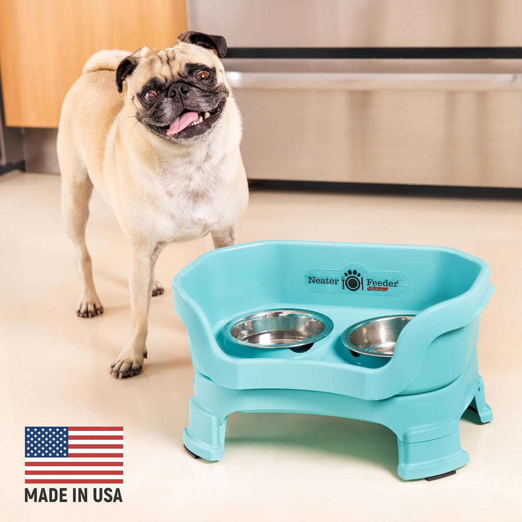 Neater Feeder Deluxe Mess Proof Dog Bowls Elevated for Small Breeds – Made in USA – No Spill Raised Dog Food Bowl Stand w/Leg Extensions – Stainless Steel Dog Food and Water Bowl Set – Teal