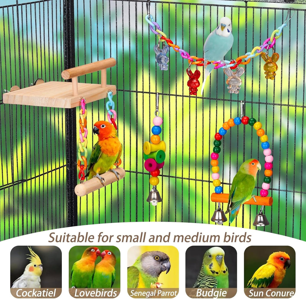 11Pcs Bird Parakeet Toys Wooden Bird Platform Stands Swing Hanging Chewing Toy Parrot Climbing Ladder Colorful Bird Cage Toys for Parakeet, Conure, Cockatiel, Love Birds, Finches