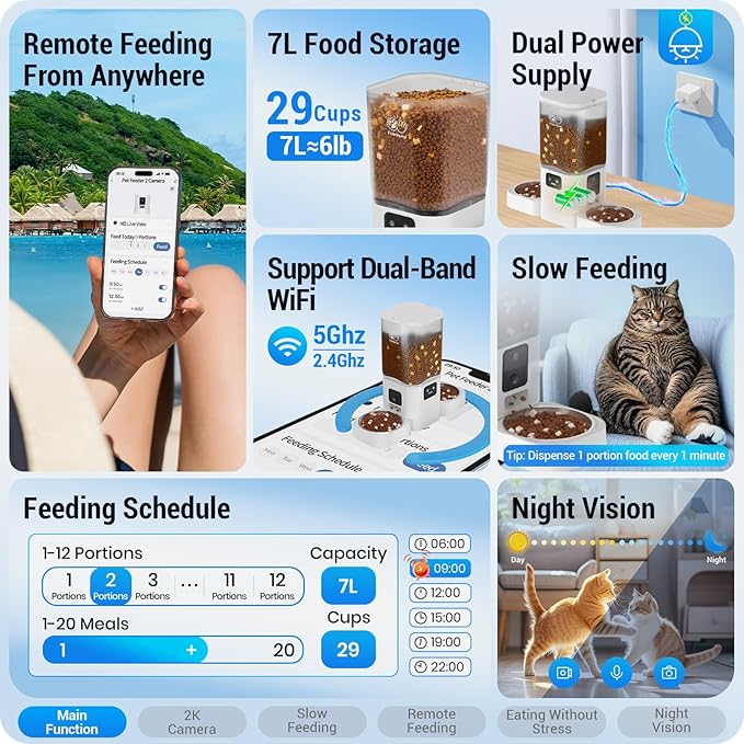 5G WiFi Automatic Cat Feeder with Two HD Camera: 7L Automatic Dog Feeder with Night Vision, Auto Cat Food Dispenser for Multiple Pet, Detachable for Easy Cleaning - 29 Cup