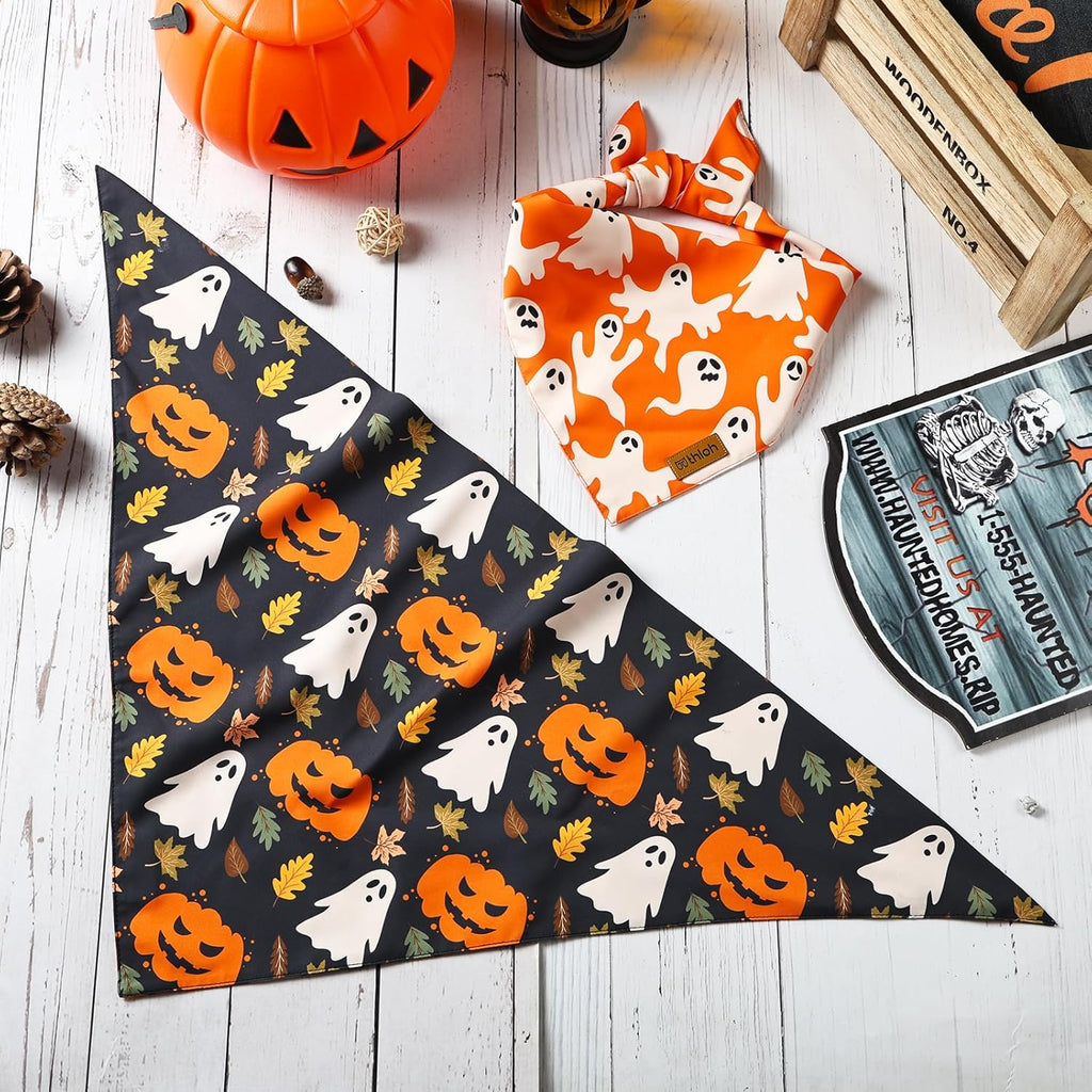 Halloween Dog Bandanas - 2 Pack Fall Dog Bibs | Reversible Pumpkin and Ghost Pet Scarf for Boys and Girls | Premium Durable Fabric | Orange Dog Bandana for Large and Extra Large Dogs (X-Large)