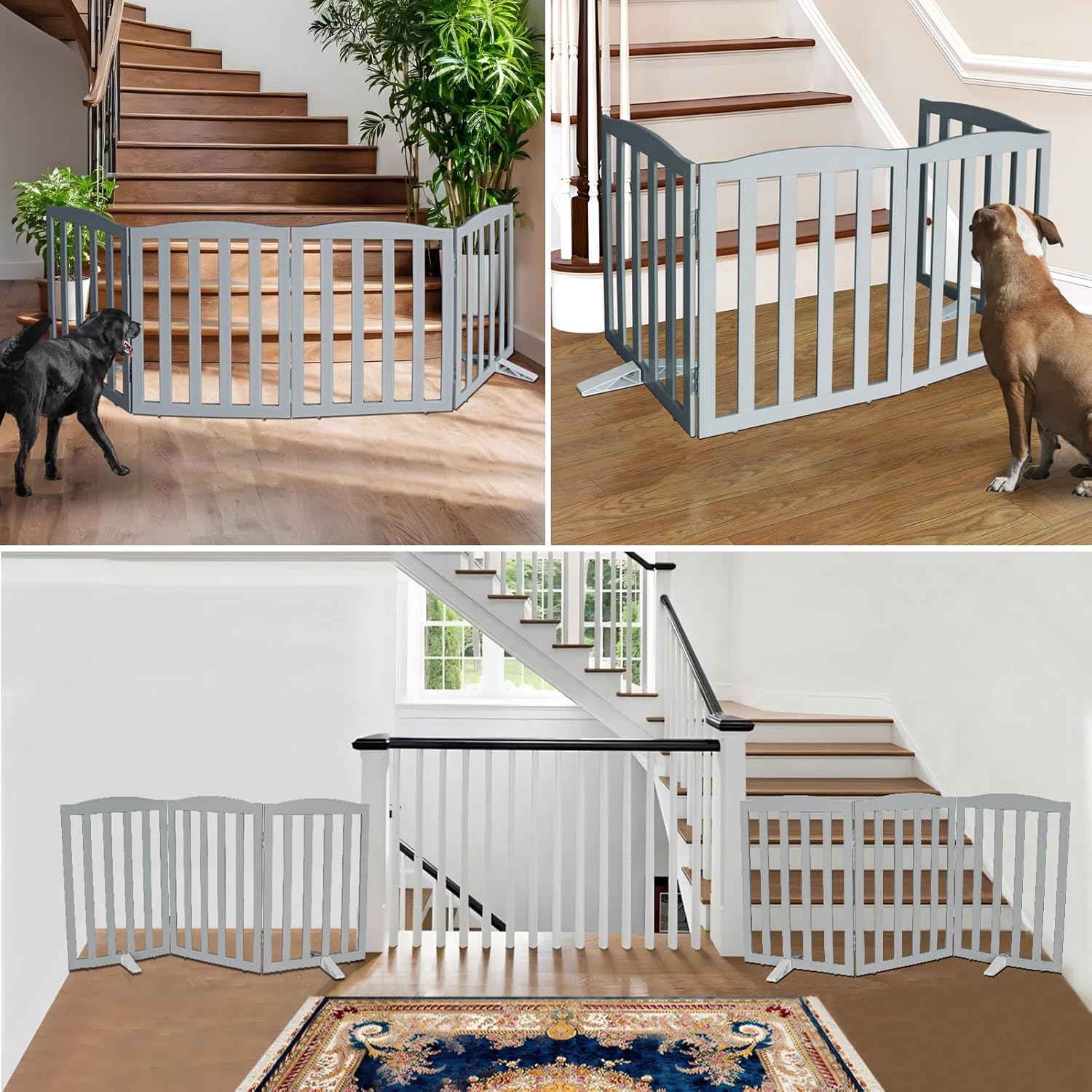 ZJSF Foldable Freestanding Indoor Dog Gate for House Wood Long Pet Gates Dog Fence for Stairs Puppy Gates for Hallways, Puppy Gate,Support Feet Included, Grey, 32 "Height-3 Panels
