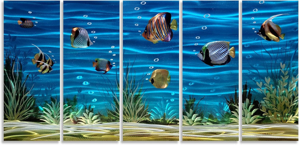 SYGALLERIER School Of Fish Metal Wall Art Handcrafted 3D Coastal Aluminum Artwork Modern Abstract Sea Styles Wall Accent in Blue Green Silver Color for Living Room Bedroom Bathroom Decor