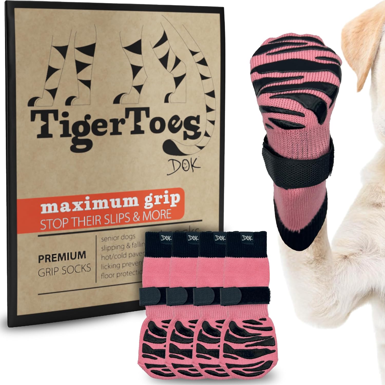 DOK TigerToes Premium Non-Slip Dog Socks for Hardwood Floors - Extra-Thick Grip That Works Even When Twisted - Prevents Licking, Slipping, and Great for Dog Paw Protection (Sassy Pink, X-Large)