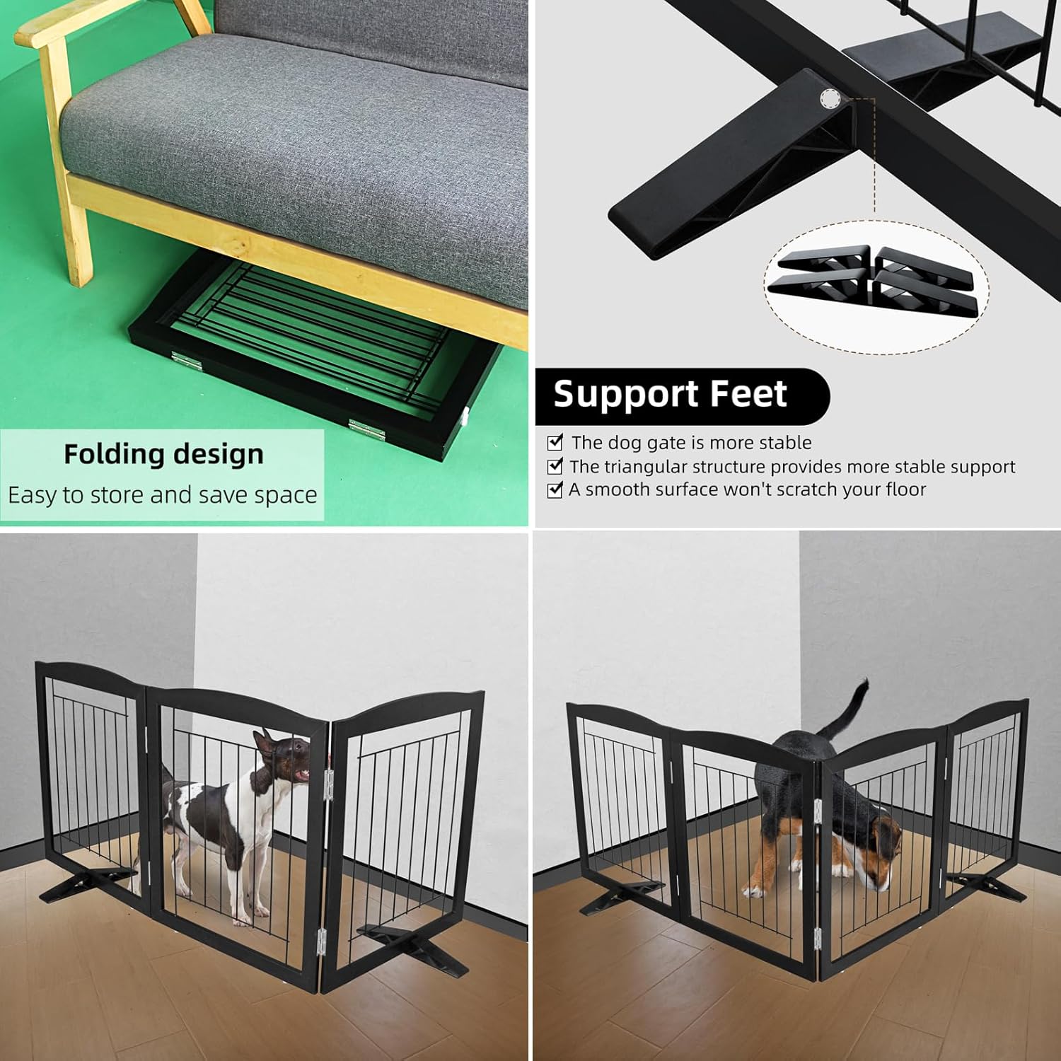 ZJSF Freestanding Dog Fence Indoor, Foldable Dog Gate for Doorways, Stairs or Hallways, Sturdy Wood Extra Wide Pet Gate with Support Feet for The House, Black, 32 "Height-3 Panels