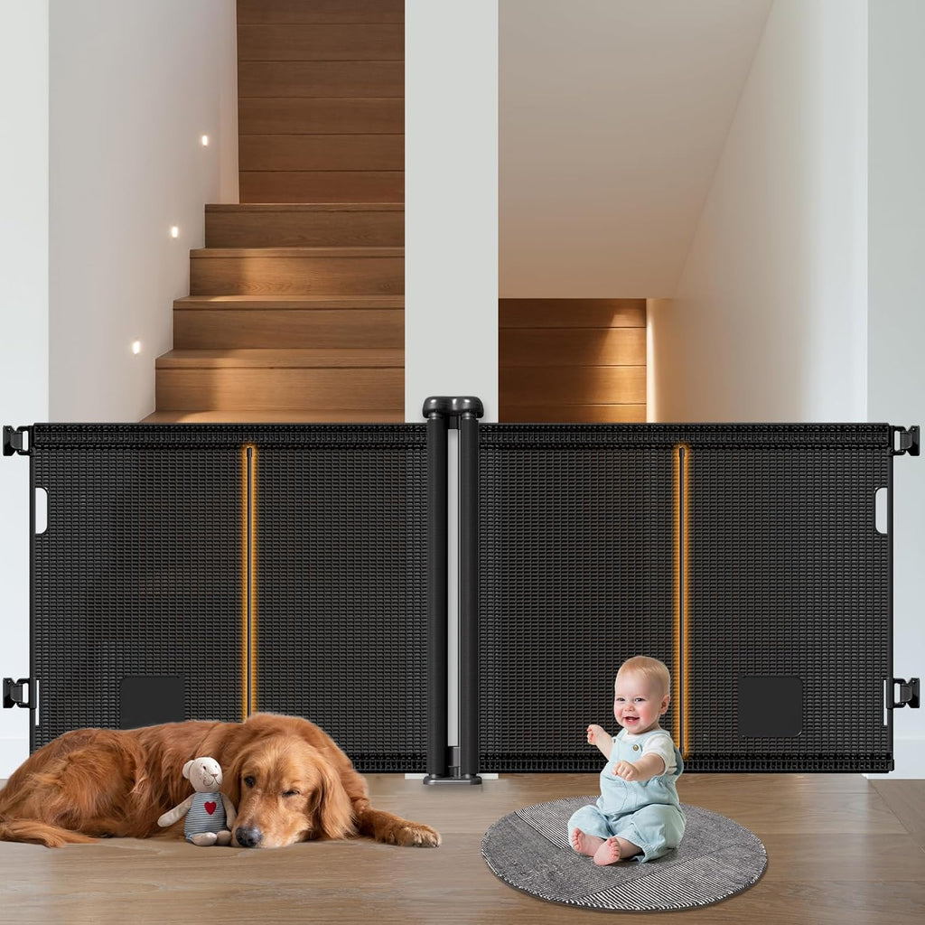 2-in-1 Retractable Baby Gates, 41" Tall Mesh Dog Gate with Cat Door 1-Pack, One Side Up to 71" Wide, Total 142" Wide, Long Retractable Pet Gate for Stairs Landing Indoor Outdoor-Black