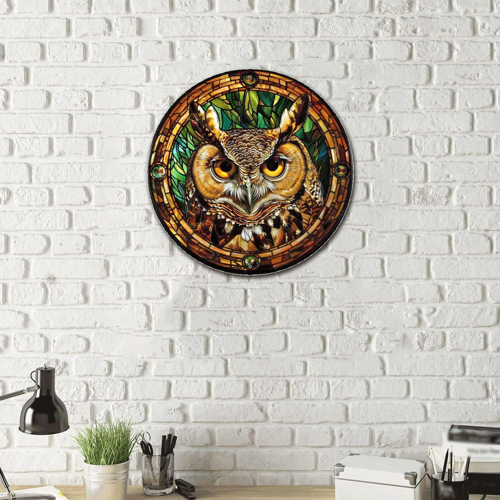 Lygond Metal Tin Sign - Circular Stained Glass Owl - 88 Inches for Garage