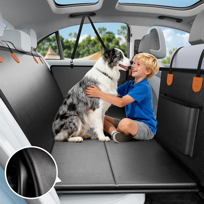 Dog Car Seat Cover for Back Seat with Hard Bottom, PU Leather Back Seat Extender for Dogs,Dog Hammock Bed for Cars, SUVs, Pet Seat Cover for Back Seat Holds 400lbs with Mesh Window & Pocket